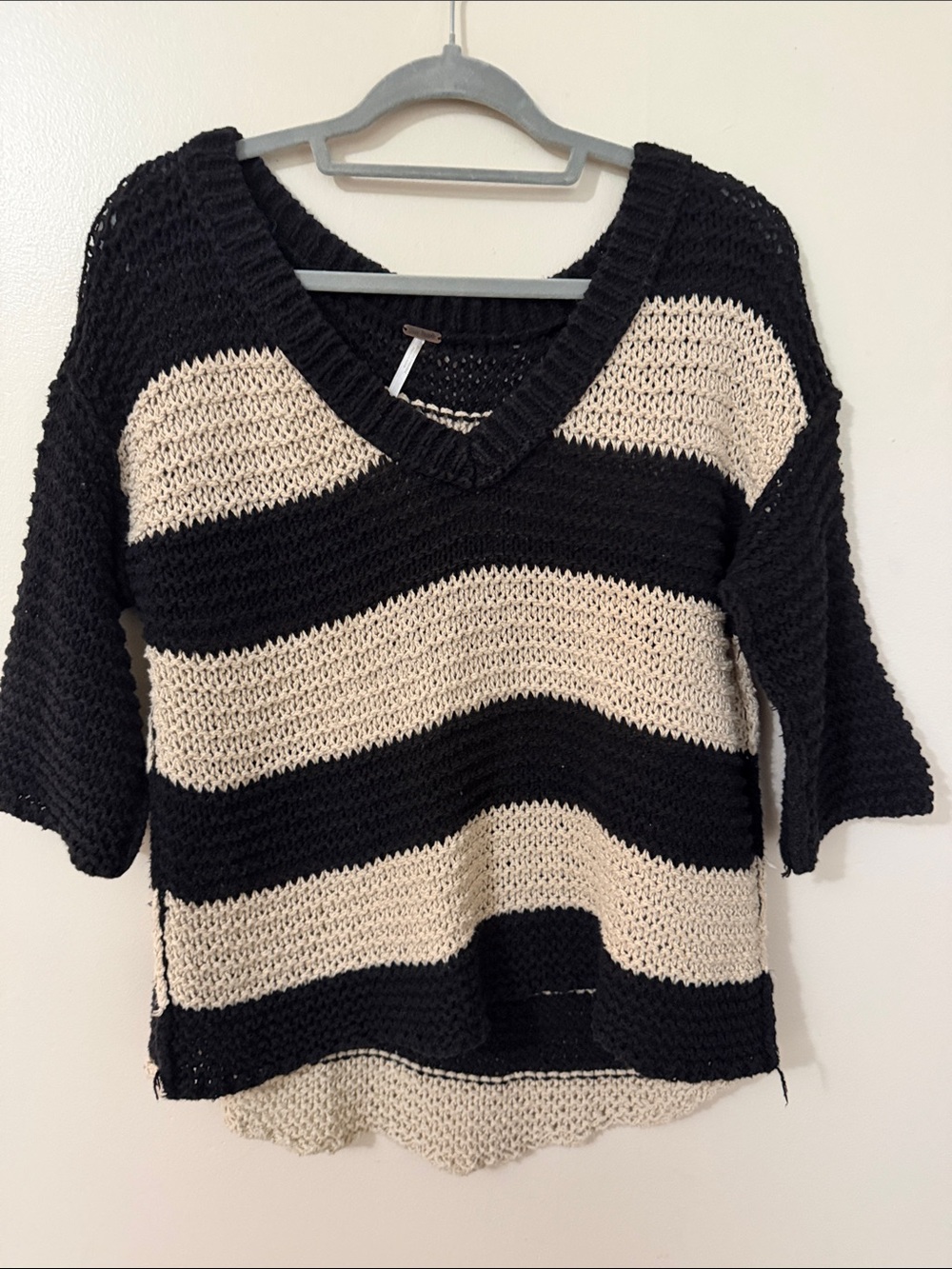 Free People Black & Cream Striped V-Neck Pullover